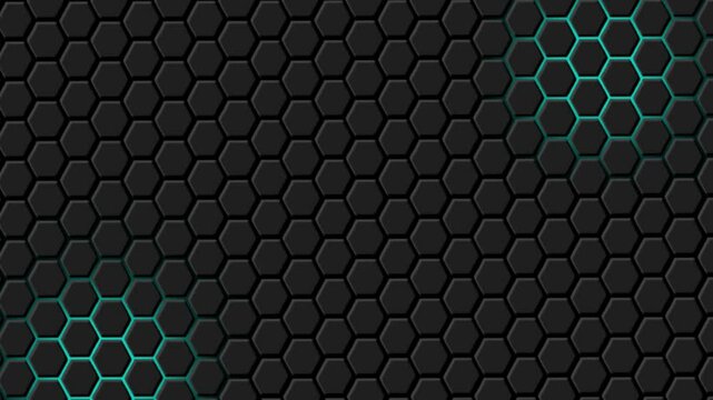 4k abstract hexagon background with animated blue lights on black background. Modern seamless looped animation for business and technology concept.	