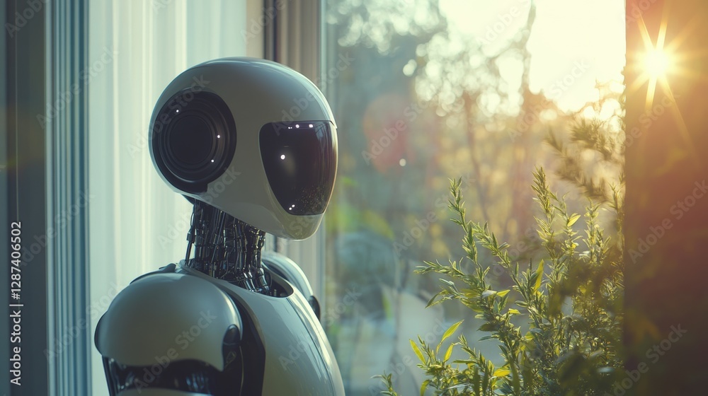 Poster robot with reflective visor gazing out window with sunlight and plants, futuristic setting. technolo