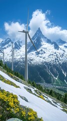 Wind Turbines Against Snowy Mountain Peaks and Blue Sky Generating Clean Energy in a Sustainable Landscape with Yellow Flowers