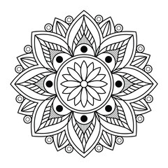 Intricate mandala design, black and white line art, symmetrical floral pattern.