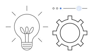 Light bulb with sprout inside representing a new idea next to a gear for system integration. Ideal for innovation, technology, business strategy, startups, growth, problem-solving, processes. Line