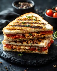 Delicious grilled sandwich with fresh tomatoes mozzarella and herbs on dark stone background food photography
