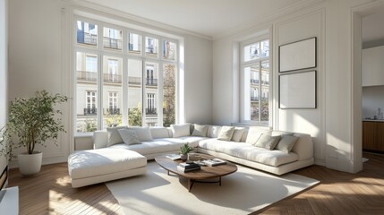 Fototapeta premium Bright living room with white couch and large windows