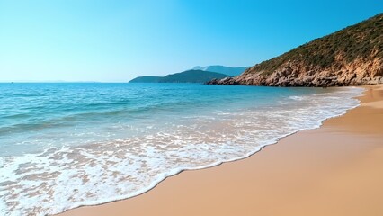 Serene sandy beach with crystal clear turquoise waters, calm waves, and a peaceful sky