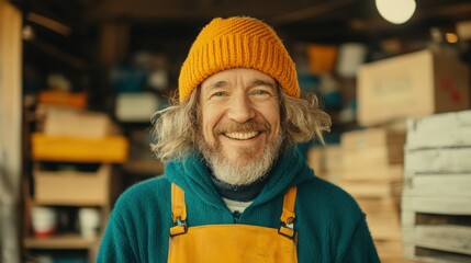 Smiling man in a bright beanie and cozy sweater stands in a workshop filled with wooden crates and tools