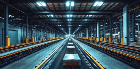 Obraz premium Automated Warehouse Conveyor System with Packages Moving