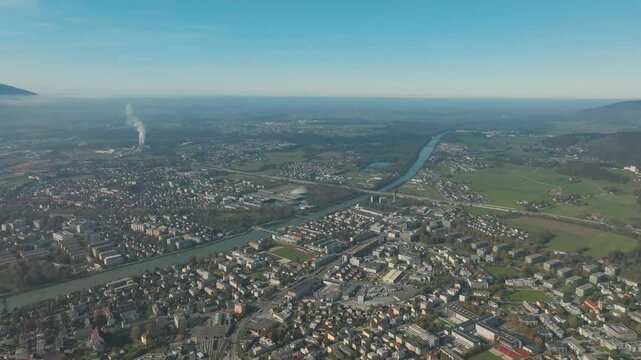 Salzburg Drone Aerial, Austria. Aerial View of Cityscape, Salzach river and misty mountains
