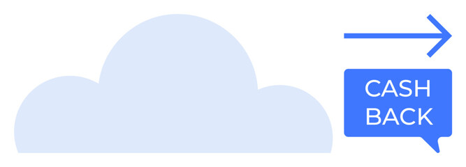 Blue cloud, right-facing arrow, and speech bubble with CASH BACK text. Ideal for financial savings, incentives, cloud services, online shopping rewards, digital marketing, e-commerce consumer