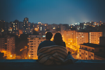a couple relaxing at night on top of a tall building