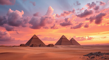 Egyptian pyramids under pink gradient sunset sky with fluffy clouds. Desert landscape with sand 
dunes and stones. Golden sunlight illuminates ancient civilization historical architecture 
structures.