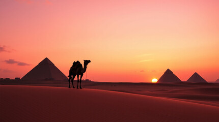 Egyptian pyramids under pink gradient sunset sky with fluffy clouds. Desert landscape with sand 
dunes and stones. Golden sunlight illuminates ancient civilization historical architecture 
structures.