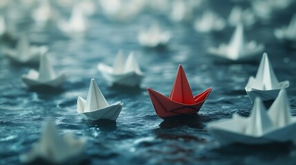 Leadership concept. Red paper boat leading white ships on blue water background