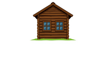 Simple vector illustration of a brown log cabin facade with windows showing, isolated on a 
white background
