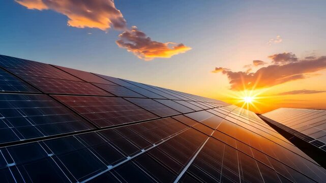 Breathtaking Solar Panels Under a Stunning Sunset: Harnessing Sustainable Energy at Dusk