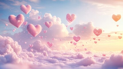 Fototapeta premium Romantic Valentine podium surrounded by flying pastel-colored hearts and soft clouds.