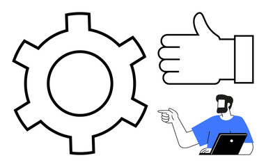 Man pointing while working on a laptop, large gear, thumbs up. Ideal for themes thumbs up productivity, teamwork, approval, efficiency, motivation collaboration and business processes. Minimalist