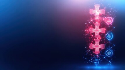 Digital Spine Visualization with Health Icons and Blue Background