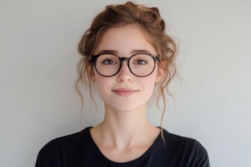Fototapeta premium A young woman wearing eyeglasses and smiling softly in portrait