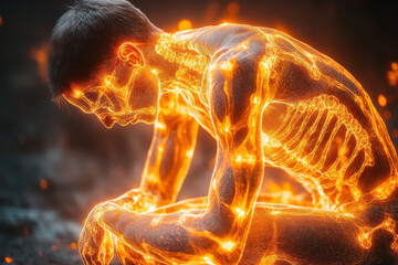 A man is sitting in a fire, with his body glowing in the flames