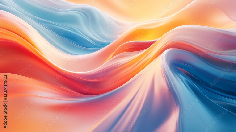 Poster Abstract colorful waves of smooth silk in pastel hues blending seamlessly. Artistic abstraction and fluid motion concept.