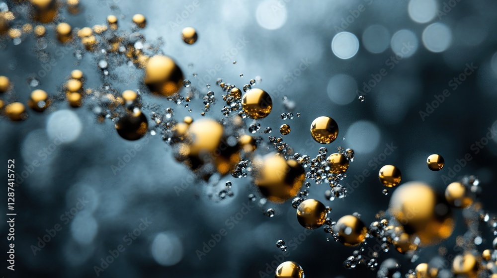 Wall mural golden bubbles floating in a stream of water with blurred background