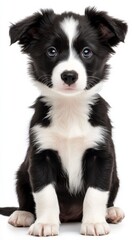 Black and white border collie puppy sitting on white background, looking curious and adorable. Pet love and companionship concept