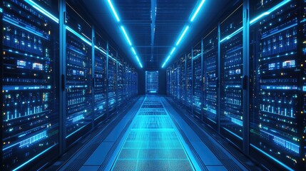 Fototapeta premium A futuristic server room with glowing blue racks and an illuminated pathway, showcasing advanced digital infrastructure. Ideal for cloud computing, cybersecurity, and AI concepts