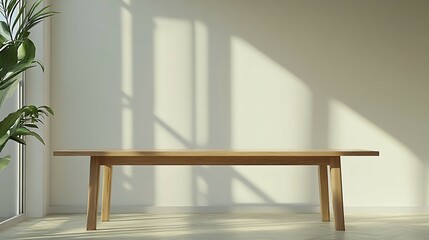 Wooden table on a white wall background.