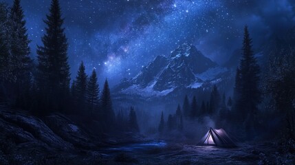 Star-filled night with a glowing tent in a serene forest, mountains in the background under the Milky Way.