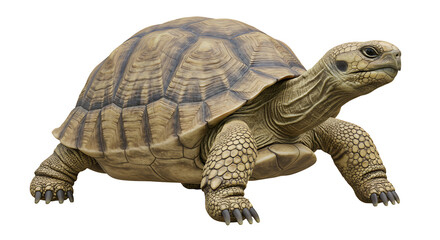 Obraz premium African Spurred Tortoise Walking on White Background for Educational Use