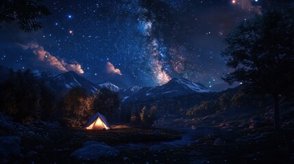 Fototapeta premium Starry night with a lighted tent in a forested mountain area, the Milky Way casting a magical glow.