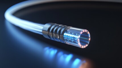 High-speed optical fiber cable with glowing blue light streaks showcasing futuristic data transmission and high-tech internet connectivity in a dark digital background