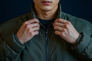 A person zipping up their olive colored jacket collar