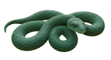 Coiled Green Snake with Scales Resting on a White Background