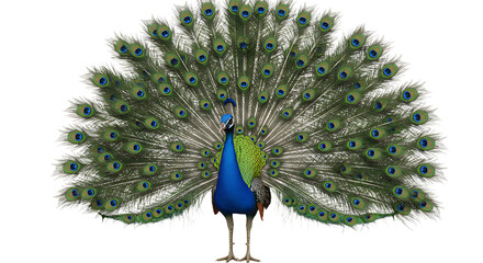 Peacock Displaying Feathers, Isolated on White Background, Bird with Plumage