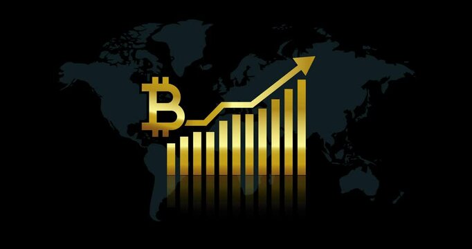 Gold bitcoin crypto currency on background of chart diagram on a world map black background