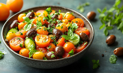 A Vibrant Bowl of Heirloom Tomato Salad with Fresh Basil and Olives