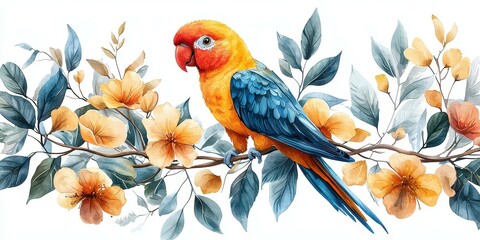 Vibrant Parrot on Branch with Blossoming Flowers Charming Avian Watercolor Art Illustration Design
