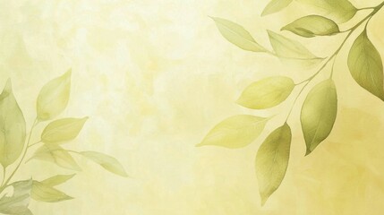 Watercolor Painting of Soft Green Leaves on a Delicate Yellow Background Botanical Illustration