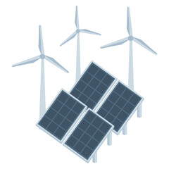 Solar power plant and windmills turbine farm. Renewable energy, green tech. Green energy, renewable energy concept