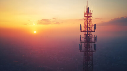 high altitude mobile network tower with multiple antennas stands against vibrant sunset, casting silhouette over hazy cityscape. scene captures intersection of technology and nature
