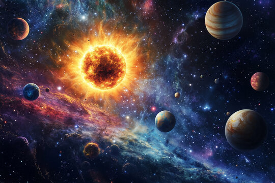 abstract Stunning high definition view of the solar system featuring the planets orbiting the sun against a bright purple background
