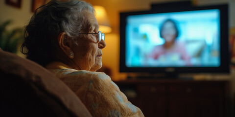 Elderly woman watching tv show with another woman on screen