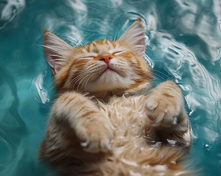Ginger kitten floating on teal water