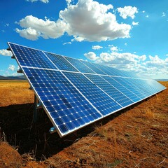 Solar Panel Array in Rural Landscape Generating Clean Renewable Energy Under Blue Sky and White Clouds