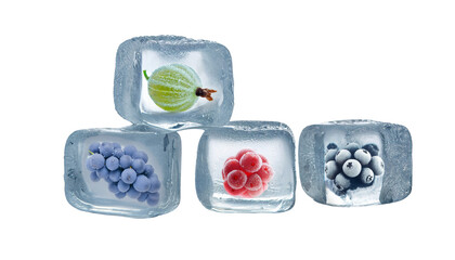 four ice cubes with different frozen berries inside, including gooseberry, grapes, raspberries, and blueberries.