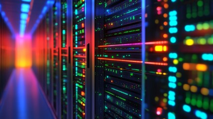 Futuristic circuit board with glowing data processing elements showcasing high-tech server connections, digital code flow, and advanced computing components in a dynamic orange, green, and blue techno