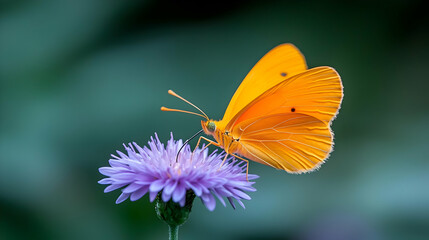 Obraz premium Orange butterfly on purple flower, garden background, nature photography