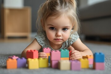 Toddler Plays with Blocks at Home