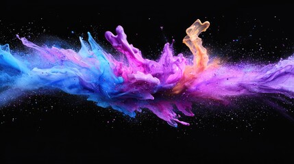 Fototapeta premium Vibrant explosion of colorful powder and ink splashes in shades of blue, purple, and orange over a dark black background.